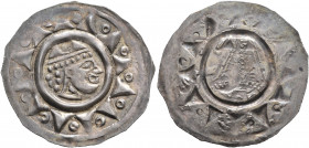 GERMANY. Augsburg (Bistum). Hartwig I von Lienheim, 1167-1184. Pfennig (Silver, 24 mm, 0.75 g). Mitred head to right in a ring of wedges and annulets....