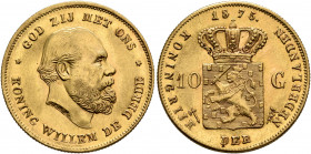 NETHERLANDS. William III, 1849-1890. 10 Gulden 1875 (Gold, 22 mm, 6.75 g, 6 h). GOD ZIJ MET ONS / KONING WILLEM DE DERDE Head of Willem III to right. ...