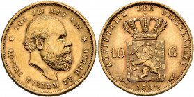 NETHERLANDS. William III, 1849-1890. 10 Gulden 1889 (Gold, 22 mm, 6.72 g, 6 h). GOD ZIJ MET ONS / KONING WILLEM DE DERDE Head of Willem III to right. ...