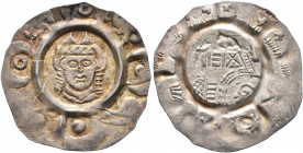 GERMANY. Augsburg (Bistum). Udalschalk von Eschenlohe, 1184-1202. Pfennig (Silver, 23 mm, 0.85 g). Mitred head of the bishop facing in a ring of cresc...