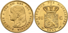 NETHERLANDS. Wilhelmina, 1890-1948. 10 Gulden 1897 (Gold, 22 mm, 6.73 g, 6 h), Utrecht. GOD ZIJ MET ONS / KONINGIN WILHELMINA Juvenile head of Wilhelm...