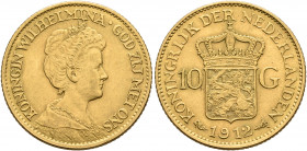 NETHERLANDS. Wilhelmina, 1890-1948. 10 Gulden 1912 (Gold, 22 mm, 6.69 g, 6 h), Utrecht. KONINGIN WILHELMINA • GOD ZIJ MET ONS Diademed draped bust of ...