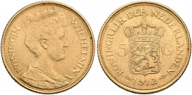 NETHERLANDS. Wilhelmina, 1890-1948. 5 Gulden 1912 (Gold, 17 mm, 3.33 g, 6 h), Utrecht. KONINGIN WILHELMINA Diademed draped bust of Wilhelmina to right...