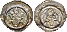 GERMANY. Augsburg (Bistum). Udalschalk von Eschenlohe, 1184-1202. Bracteate (Silver, 23 mm, 0.80 g). The mitred bishop sitting on an arc, holding cros...