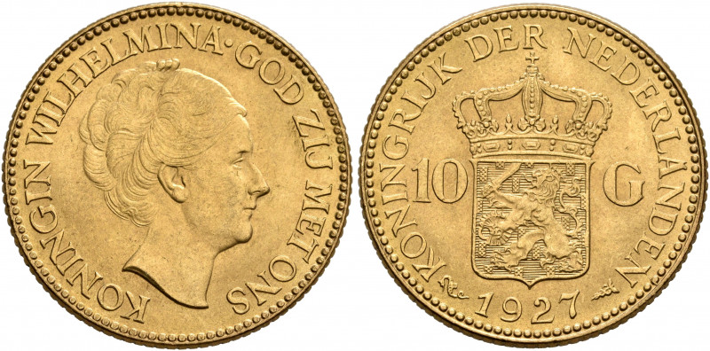 NETHERLANDS. Wilhelmina, 1890-1948. 10 Gulden 1927 (Gold, 22 mm, 6.71 g, 6 h), U...