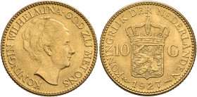 NETHERLANDS. Wilhelmina, 1890-1948. 10 Gulden 1927 (Gold, 22 mm, 6.71 g, 6 h), Utrecht. KONINGIN WILHELMINA • GOD ZIJ MET ONS Head of Wilhelmina to ri...