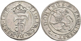 NORWAY. Fredrik III, 1648-1670. 2 Mark 1666 (Silver, 32 mm, 11.00 g, 7 h), Christiania. II MARCK DANSKE I666 Crowned monogram. Rev. (Clover leaf) DOMI...