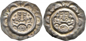 GERMANY. Augsburg (Bistum). Udalschalk von Eschenlohe, 1184-1202. Bracteate (Silver, 24 mm, 0.65 g). Two leopards on three arches, a tonsured head fac...