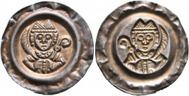 GERMANY. Augsburg (Bistum). Hartwig II. von Hirnheim, 1202-1208. Bracteate (Silver, 24 mm, 0.75 g). Mitred bust of Hartwig II. facing, holding palm br...