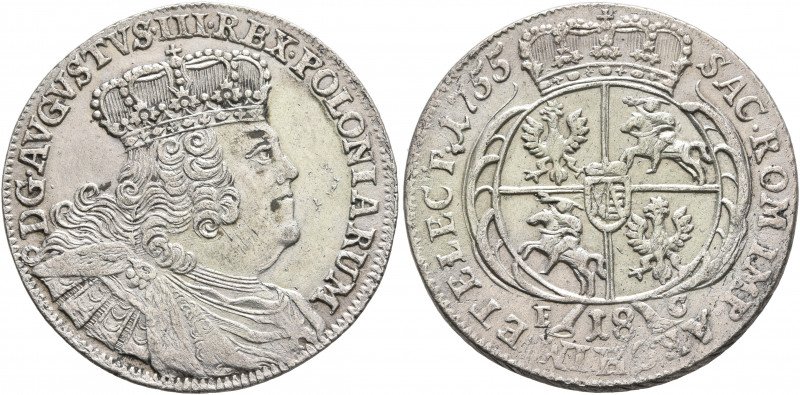 POLAND, Monarchs. August III Sas (the Saxon), 1734-1763. 18 Groszy 1755 (Silver,...