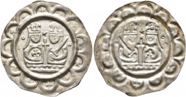 GERMANY. Augsburg (königliche Münzstätte). Heinrich VI, 1169-1197. Bracteate (Silver, 24 mm, 0.83 g). Rev. Crowned busts facing of Konstanze holding l...