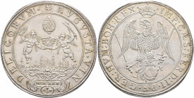 GERMANY. Augsburg (Stadt). Taler 1625 (Silver, 44 mm, 29.21 g, 12 h). ✱AVGVSTA VINDELICORVM Two angels holding pine cone over city view. Rev. IMP CAES...