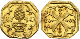 GERMANY. Augsburg (Stadt). Heller 1740 (Gold, 12 mm, 0.79 g), offstrike in gold. Pine cone between 17-40, two horse shoes below (sign of Mintmaster J....