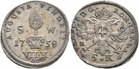 GERMANY. Augsburg (Stadt). 7 Kreuzer 1758 (Silver, 22 mm, 2.26 g, 12 h) AUGUSTA VINDEL Pine cone between S.-W. / 17-58, value VII•K• and mintmark belo...