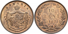 ROMANIA, Kingdom. Carol I, as Prince, 1866-1881. 10 Bani 1867 (Bronze, 30 mm, 10.00 g, 12 h), Birmingham. ROMANIA Crowned arms between Dacia and lion ...