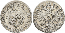 GERMANY. Baden. Wilhelm, 1622-1677. 2 Kreuzer 1636 (Silver, 19 mm, 1.00 g, 12 h). ✱GVILH D G MA BAD ET HACH Quartered arms, 1636 above. Rev. FERD II D...