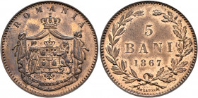 ROMANIA, Kingdom. Carol I, as Prince, 1866-1881. 5 Bani 1867 (Bronze, 25 mm, 4.71 g, 12 h), Birmingham. ROMANIA Crowned arms between Dacia and lion on...