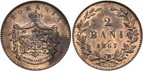 ROMANIA, Kingdom. Carol I, as Prince, 1866-1881. 2 Bani 1867 (Bronze, 20 mm, 1.90 g, 12 h), Birmingham. ROMANIA Crowned arms between Dacia and lion on...