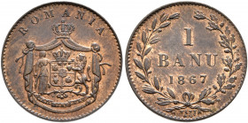 ROMANIA, Kingdom. Carol I, as Prince, 1866-1881. Banu 1867 (Bronze, 15 mm, 1.07 g, 12 h), Birmingham. ROMANIA Crowned arms between Dacia and lion on c...