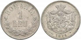 ROMANIA, Kingdom. Carol I, as Prince, 1866-1881. Leu 1874 (Silver, 23 mm, 5.00 g, 6 h), Brussels. ROMANIA / 1 / LEU, laurel and oak branches below. Re...
