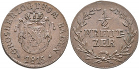 GERMANY. Baden. Carl Ludwig Friedrich, 1811-1818. 1/2 Kreuzer 1815 (Copper, 21 mm, 2.44 g, 12 h) GROSHERZOGTHUM BADEN Shield on crowned mantle, ✱1815✱...