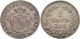 GERMANY. Baden. Carl Ludwig Friedrich, 1811-1818. Kreuzer 1817 (Copper, 24 mm, 4.60 g, 12 h) GROSHERZOGTHUM BADEN Shield on crowned mantle, ✱1817✱ bel...