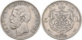 ROMANIA, Kingdom. Carol I, as Prince, 1866-1881. 5 Lei 1881 (Silver, 37 mm, 24.89 g, 6 h), Bucharest. CAROL I DOMNUL ROMANIEI Head of Carol to left, K...