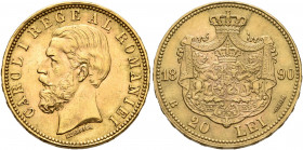 ROMANIA, Kingdom. Carol I, 1881-1914. 20 Lei 1890 (Gold, 21 mm, 6.45 g, 6 h), Bucharest. CAROL I REGE AL ROMANIEI Head of Carol I to left, KULLRICH be...