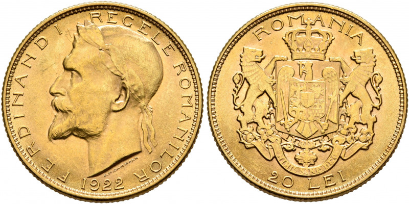ROMANIA, Kingdom. Ferdinand I, 1914-1927. 20 Lei 1922 (Gold, 20 mm, 6.45 g, 12 h...