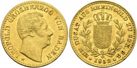 GERMANY. Baden. Karl Leopold Friedrich, 1830-1852. Dukat 1852 (Gold, 20 mm, 3.67 g, 12 h), Karlsruhe. LEOPOLD GROSHERZOG VON BADEN Head of Leopold to ...