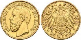GERMANY. Baden. Friedrich I, 1852-1907. 10 Mark 1891 (Gold, 19 mm, 3.94 g, 12 h), Karlsruhe. FRIEDRICH GROSHERZOG VON BADEN Head of Friedrich I to lef...