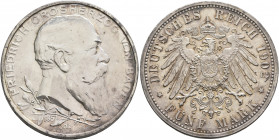 GERMANY. Baden. Friedrich I, 1852-1907. 5 Mark 1902 (Silver, 38 mm, 27.81 g, 12 h), on the 50th anniversary of his accession. Karlsruhe. FRIEDRICH GRO...