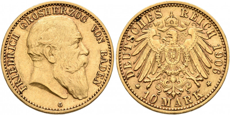 GERMANY. Baden. Friedrich I, 1852-1907. 10 Mark 1906 (Gold, 19 mm, 4.00 g, 12 h)...