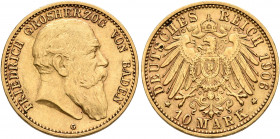 GERMANY. Baden. Friedrich I, 1852-1907. 10 Mark 1906 (Gold, 19 mm, 4.00 g, 12 h), Karlsruhe. FRIEDRICH GROSHERZOG VON BADEN Head of Friedrich I to rig...