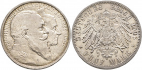 GERMANY. Baden. Friedrich I, 1852-1907. 5 Mark 1906 (Silver, 38 mm, 27.87 g, 12 h), on their golden wedding anniversary. Karlsruhe. FRIEDRICH UND LUIS...