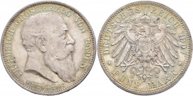 GERMANY. Baden. Friedrich I, 1852-1907. 5 Mark 1907 (Silver, 38 mm, 27.77 g, 12 h), on his death. Karlsruhe. FRIEDRICH GROSHERZOG VON BADEN Head of Fr...
