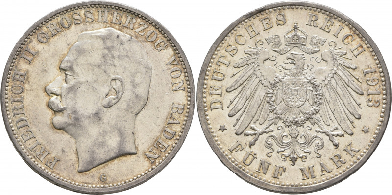 GERMANY. Baden. Friedrich II, 1907-1918. 5 Mark 1913 (Silver, 38 mm, 27.77 g), K...