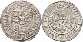 GERMANY. Baden-Durlach. 3 Kreuzer 1596 (Silver, 22 mm, 1.77 g, 7 h) ✱ERN FRI D G MAR IN BAD ET HACH Arms, year •96• above. Rev. RVDOL Z IMP AVG P F DE...