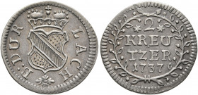 GERMANY. Baden-Durlach. Karl Wilhelm, 1709-1738. 2 Kreuzer 1737 (Silver, 17 mm, 0.94 g, 12 h) B DURLACH Crowned arms. Rev. ✱2✱ / KREU/TZER/ 1737 in wr...