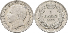 SERBIA. Principality. Milan Obrenović IV, 1868-1882. Dinar 1879 (Silver, 23 mm, 5.00 g, 12 h), Vienna. Head of Milan Obrenovic to left, TASSET below. ...