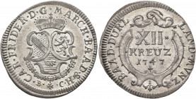 GERMANY. Baden-Durlach. Karl Friedrich, 1738-1811. 12 Kreuzer 1747 (Silver, 28 mm, 3.41 g, 6 h). CAR FRIDER D G MARCH BAAD &amp; H Crowned arms, •B• -...