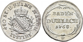 GERMANY. Baden-Durlach. Karl Friedrich, 1738-1811. 2 1/2 Kreuzer 1768 (Silver, 17 mm, 1.31 g). 480 ST E FEINE MARCK / IVSTIRT Crowned round arms betwe...