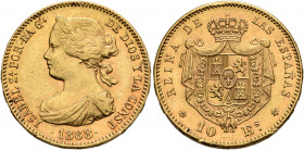 SPAIN, Reino de España. Isabel II. 10 Escudos 1868 (1868) (Gold, 22 mm, 8.46 g, 12 h), Madrid. ISABEL 2A POR LA G DE DIOS Y LA CONST Laureate draped b...