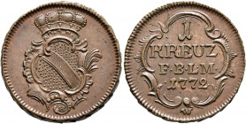 GERMANY. Baden-Durlach. Karl Friedrich, 1738-1811. Kreuzer 1772 (Copper, 23 mm, 8.00 g, 12 h) Crowned decorated shield. Rev. 1 / KREUZ / F B L M / 177...