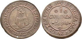 GERMANY. Baden. St. Blasien, Abtei. Romanus, 1672-1695. Gulden 1694 (Copper, 33 mm, 11.64 g, 12 h), ironworks at Gutenburg near Tiengen. ✱DVROS IN FER...