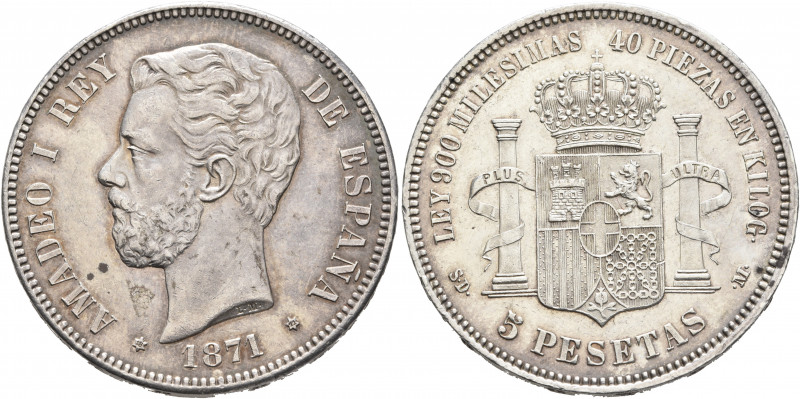 SPAIN, Reino de España. Amadeo I, 1871-1873. 5 Pesetas 1871 (1871) (Silver, 37 m...