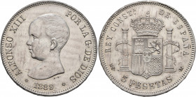 SPAIN, Reino de España. Alfonso XIII, 1886-1931. 5 Pesetas 1889 (1889) (Silver, 37 mm, 25.07 g, 6 h). ALFONSO XIII POR LA G DE DIOS Head of Alfonso XI...