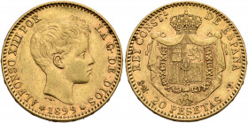 SPAIN, Reino de España. Alfonso XIII, 1886-1931. 20 Pesetas 1899 (1899) (Gold, 21 mm, 6.44 g, 6 h). ALFONSO XIII POR LA G DE DIOS Head of Alfonso XIII...