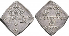 SWEDEN. Johan III, 1568–1592. 4 Mark 1569 (Silver, 22x21 mm, 13.12 g, 6 h), Klippe, Stockholm. Crowned monogram divides value 4 - M / S. Rev. Three cr...