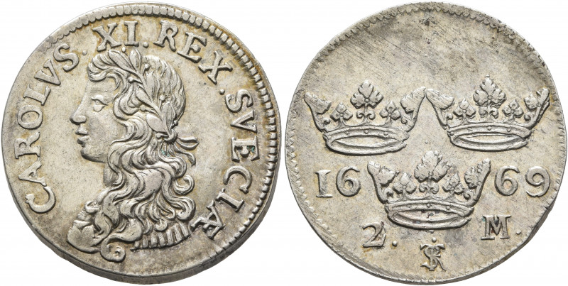 SWEDEN. Karl XI, 1660–1697. 2 Mark 1669 (Silver, 30 mm, 10.33 g, 6 h), Stockholm...